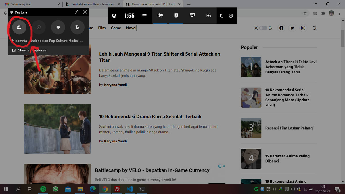 Cara Screenshot di Laptop dan PC menggunakan Windows Gaming Bar Xbox Game Bar 1