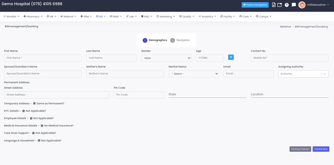 Creating a new patient in MetahOS