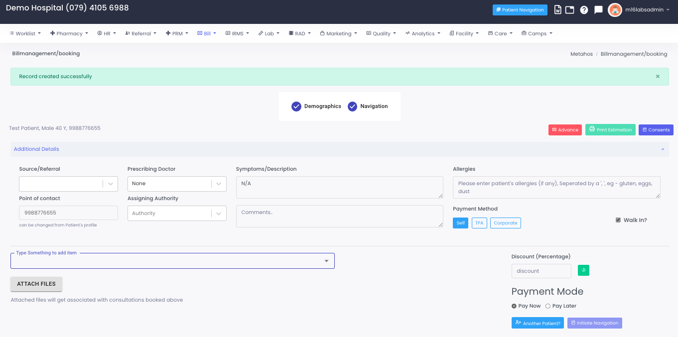 Patient Billing Screen