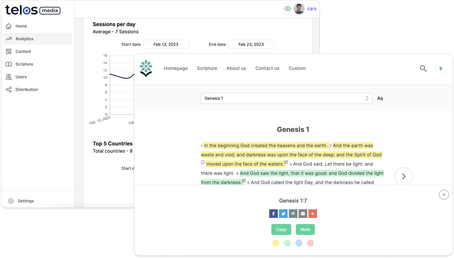 telos media admin dashboard and scripture interactive tools