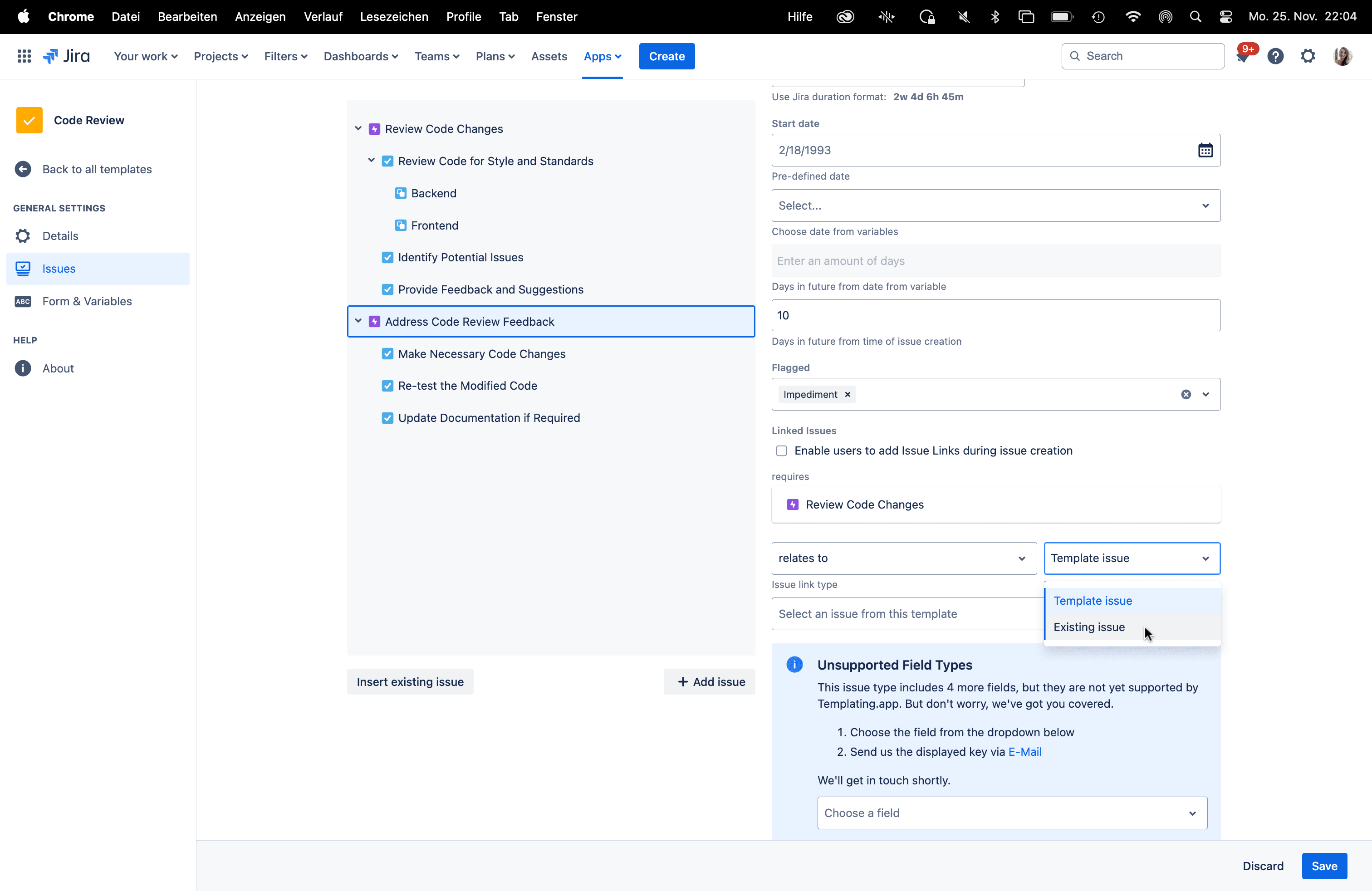 Add issue links to template issue or set a link to an existing Jira issue.