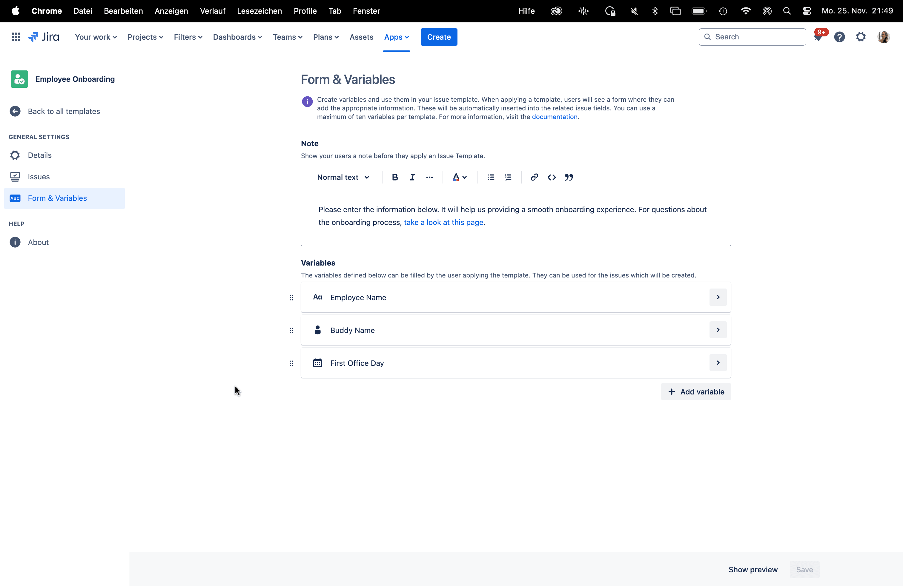 Create variables to gather dynamic issue information.
