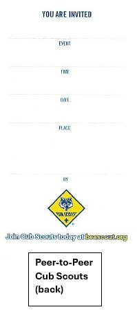 Cub Scout Peer-to-Peer card (back) showing blank lines for Pack info
