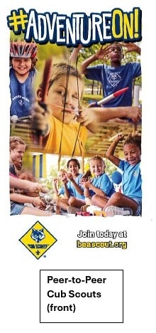 Cub Scout Peer-to-Peer card (front) showing kids doing multiple activities