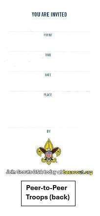 Scouts BSA Peer-to-Peer cards (back) showing blank lines for Troop info