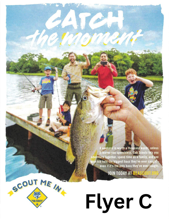 Cub Scout flyer with boys & adults fishing