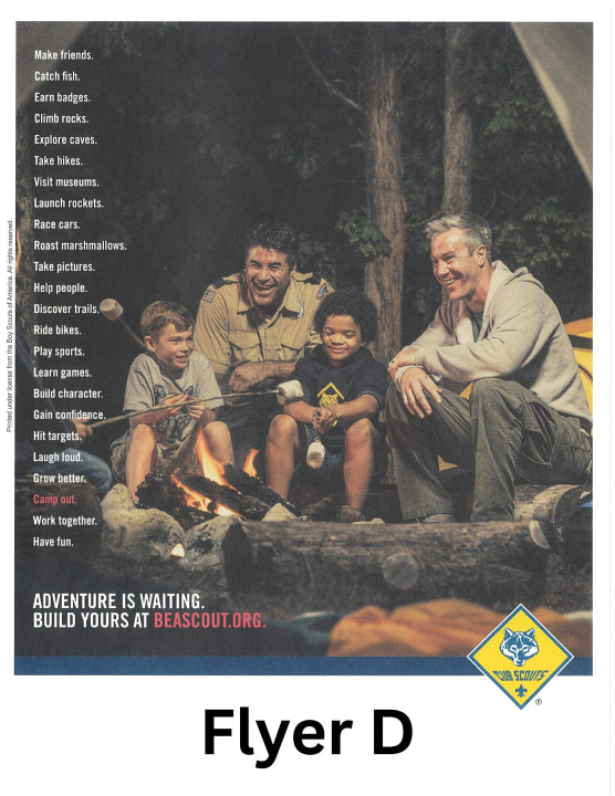 Cub Scout flyer with boys & adults around a campfire