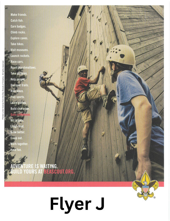 Scouts BSA flyer showing boys on a climbing tower