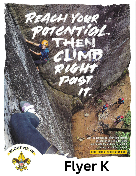 Scouts BSA flyer showing girls rock climbing