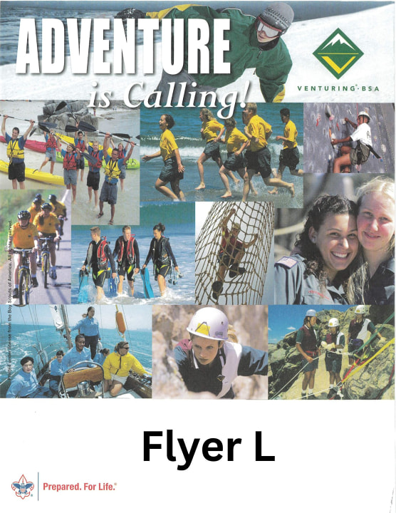 Venturing Crew flyer showing boys & girls doing multiple activities