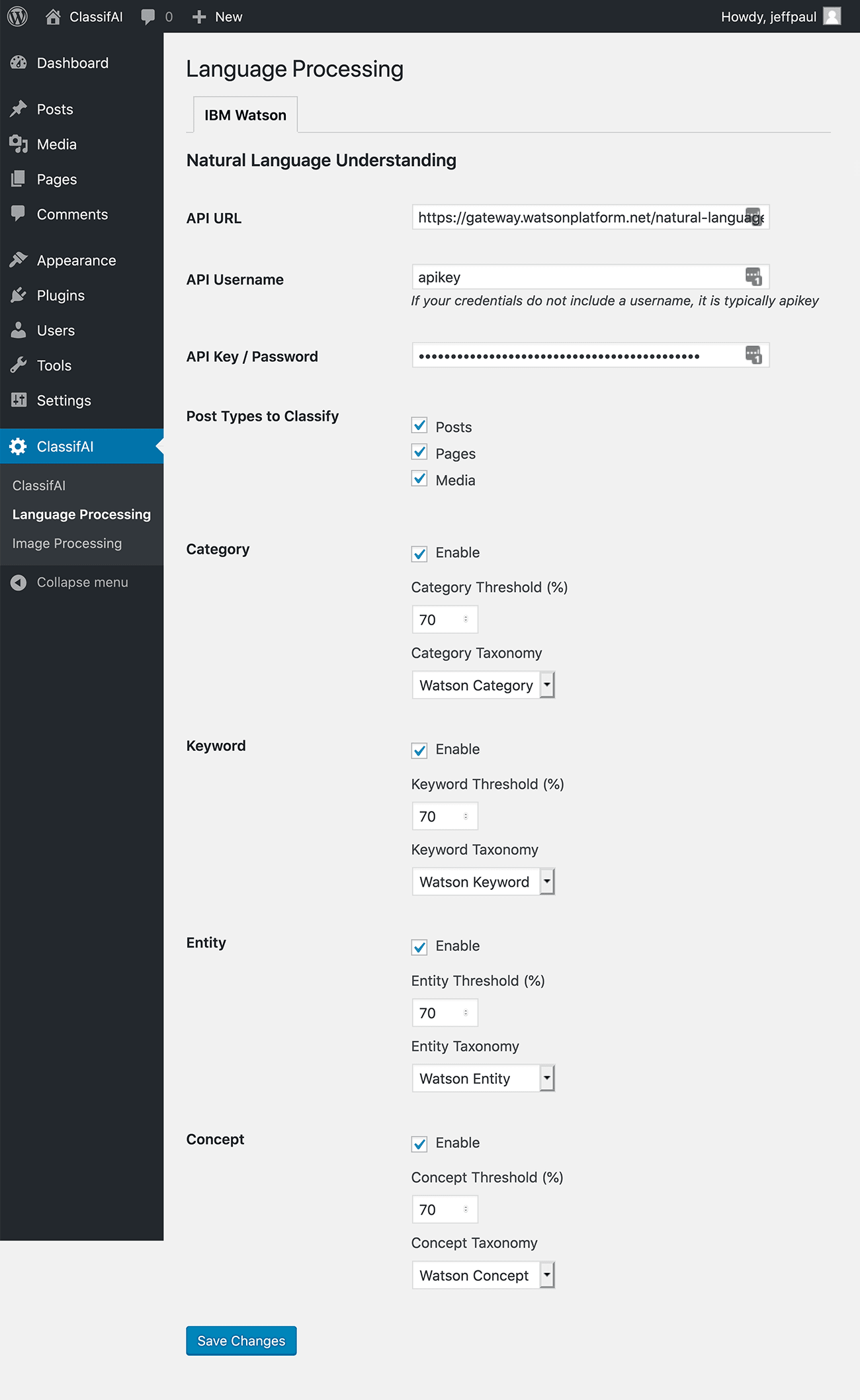 ClassifAI Natural Language Processing Settings Screen