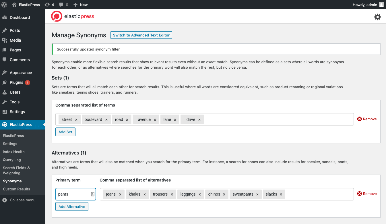 ElasticPress Synonym Dashboard