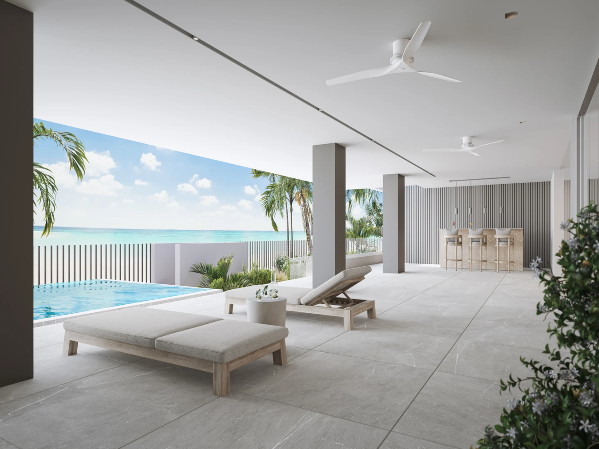 Relaxation area & infinity pool at ground floor level.