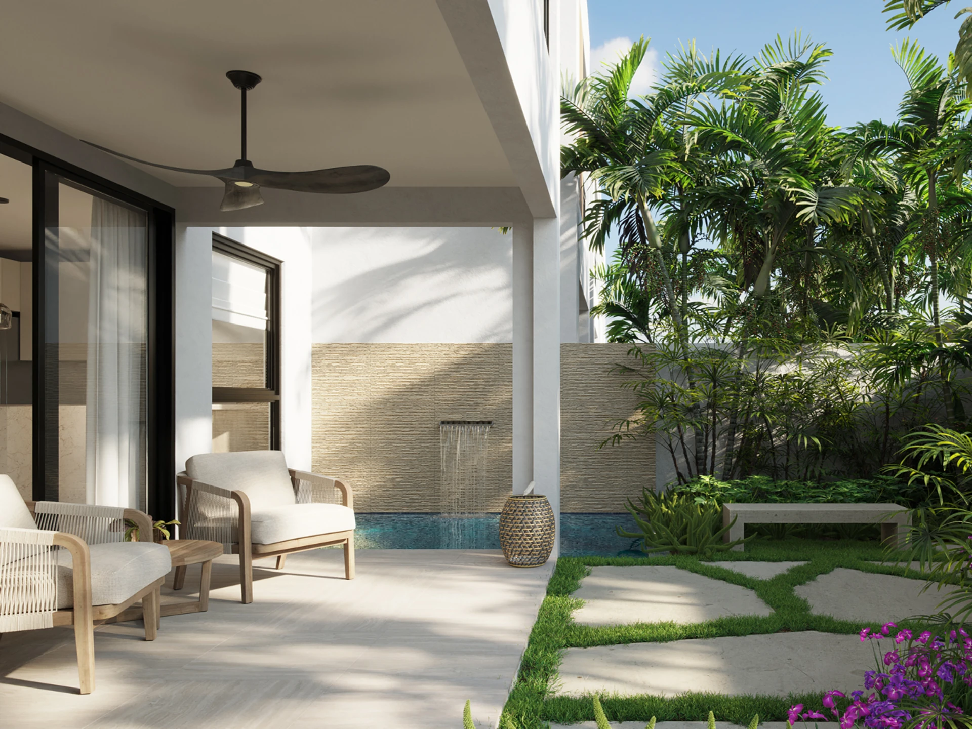 Surrounded by lush
tropical gardens