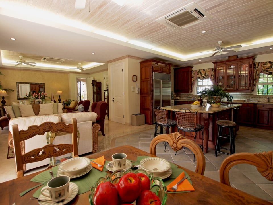 Open plan kitchen indoor dining and Tv room