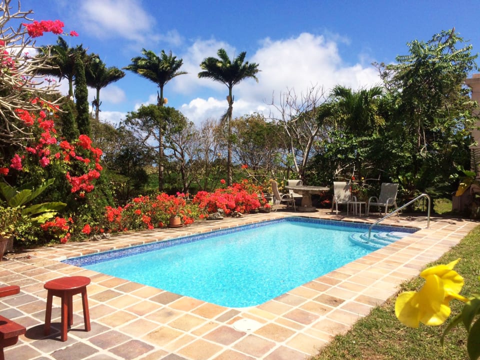 Large pool and deck overlooking teh gardens