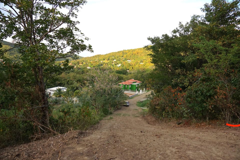 View from the top of the hill; lot is to the right marked by the red line