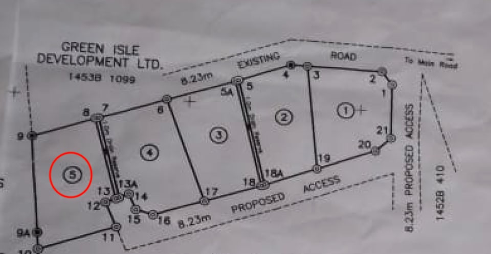 Survey plan of the lot, identified by Lot 5 and with the red circle around it.