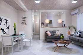 Indoor living area and kitchen