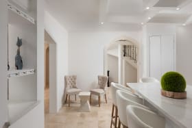 Open plan kitchen leading to living area