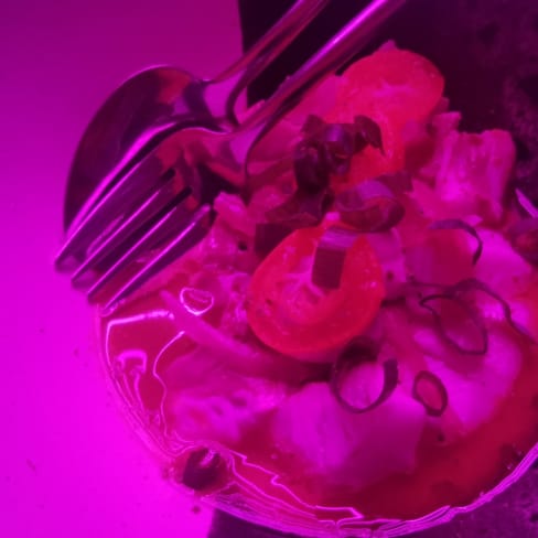Ravioli cremoso coberto com tomates-cereja fatiados e ervas frescas, com uma textura suave e um molho rico.