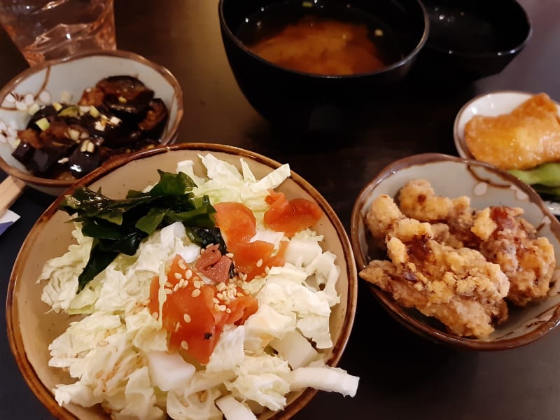 Salad, Karaage (chicken), Agenasu (egg plant) and Miso soup.  - Matsumotoya, Strasbourg