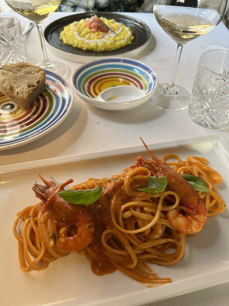 Fresh tagliolini with red prawns from Mazara del Vallo and sea urchin pulp* - Il Mosto Selvatico, Milan