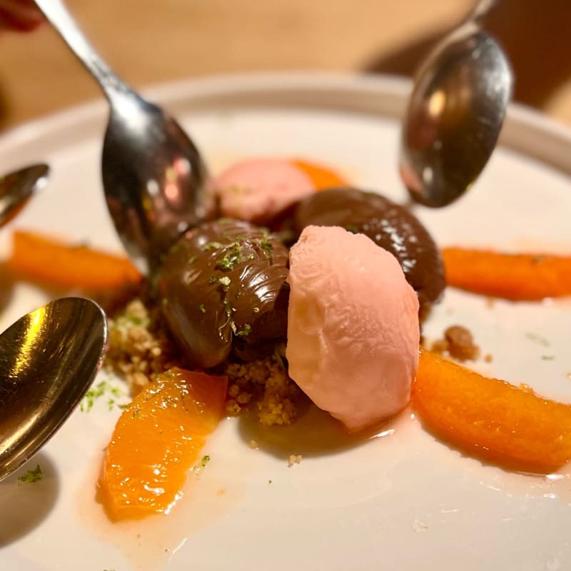 An odd dessert. The chocolate was velvety and tasty but all the components didn’t seem to go together. Some of our group didn’t enjoy the Campari soaked oranges. - Can Fisher, Barcelona