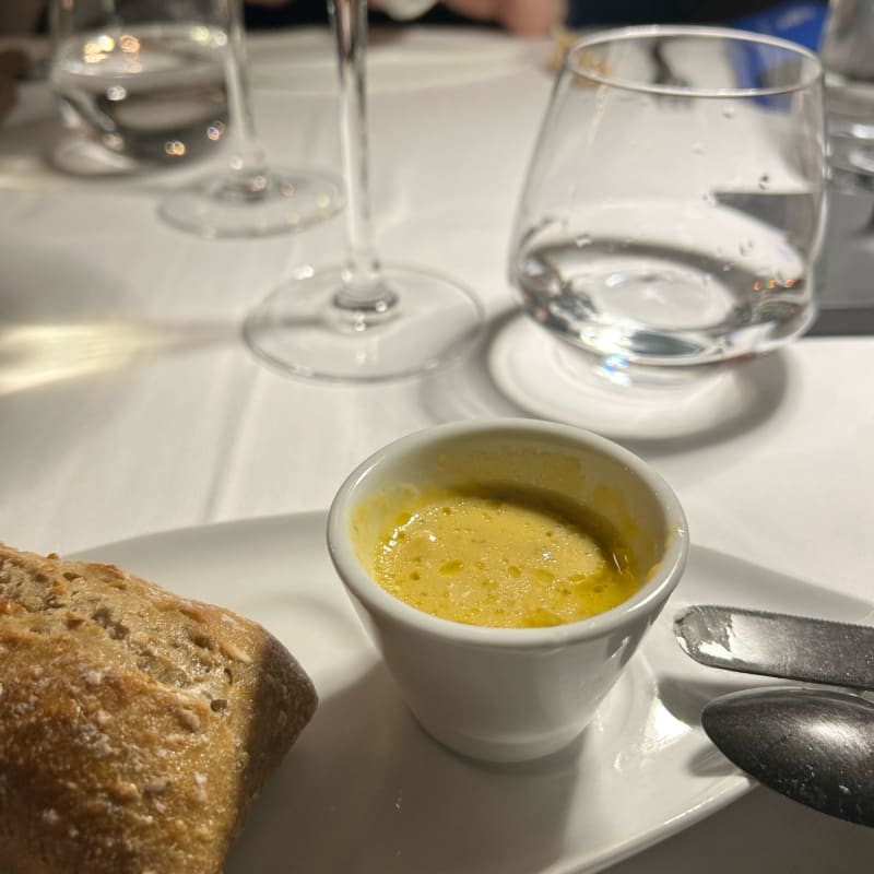 Delicious complimentary carrot soup - Le Vieux Honfleur, Honfleur