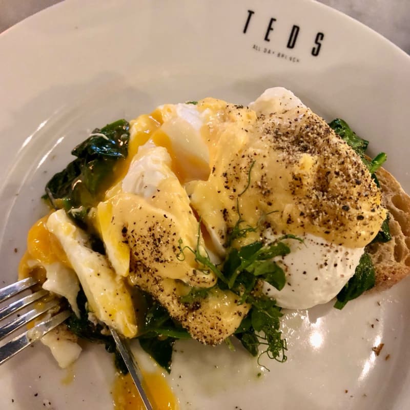 Toast with spinach, mayo sauce and two eggs. You can get mushrooms on the side for 2 extra euros. - Teds All Day Brunch (Den Haag), The Hague