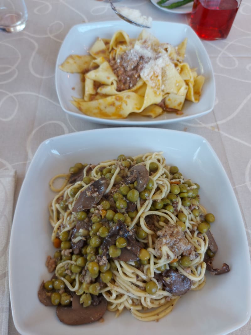 Sino 2 primi, 1) pappardelle al ragù di papera e 2) chitarra alla boscaiola con tartufo - Agriturismo "La Papera"