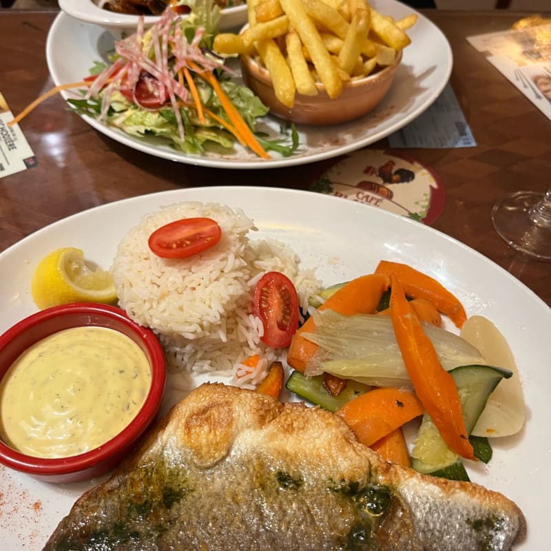 Sea bass , rice and seasonal veg. - Café Blanche, Paris