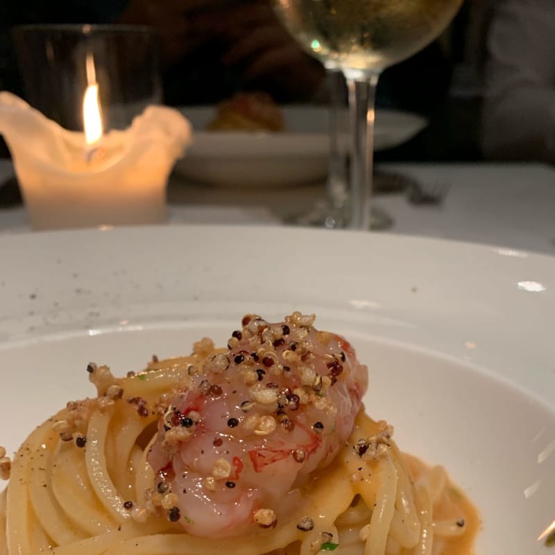 Spaghetti alla chitarra con gamberi rossi al lime e carbonara - Oriental Areadocks Japanese Restaurant, Brescia