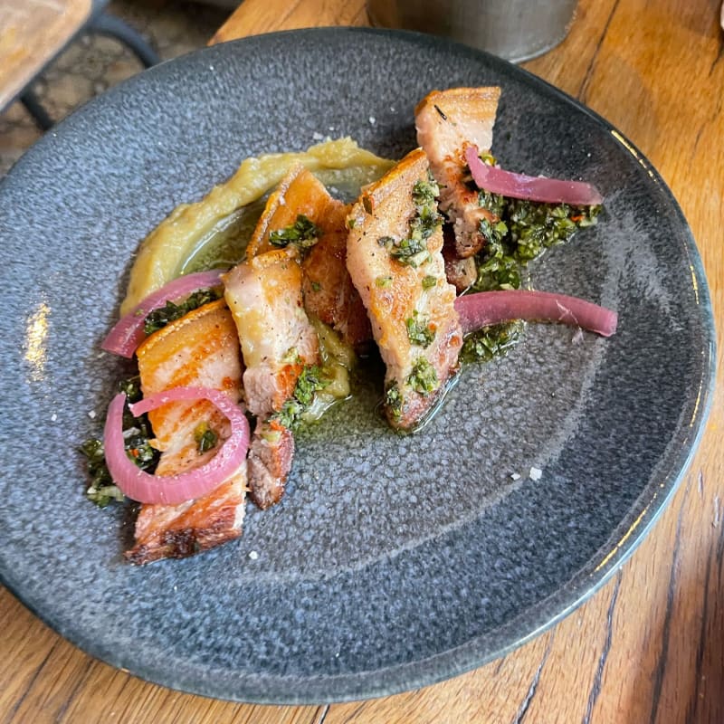 Pork belly with chimichuri and pickled red onions and some sort of root vegetable mash. All the flavors were perfectly balanced, the pork was cooked perfectly and had crispy skin. So good. - Les Dessous de la Robe, Paris