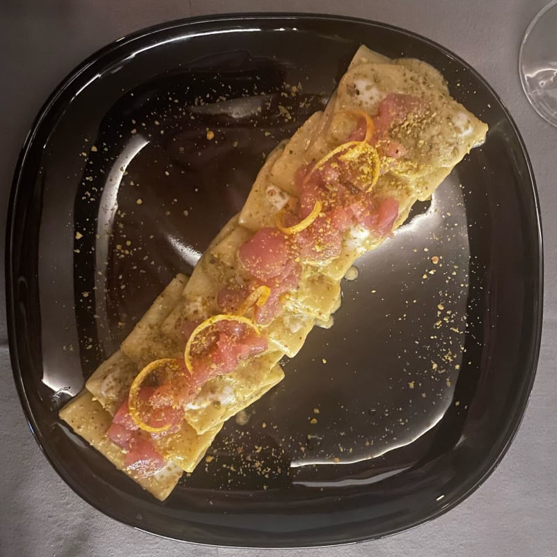 Paccheri con tartare di tonno e pesto di pistacchio - Shatush Bistrot, Courmayeur