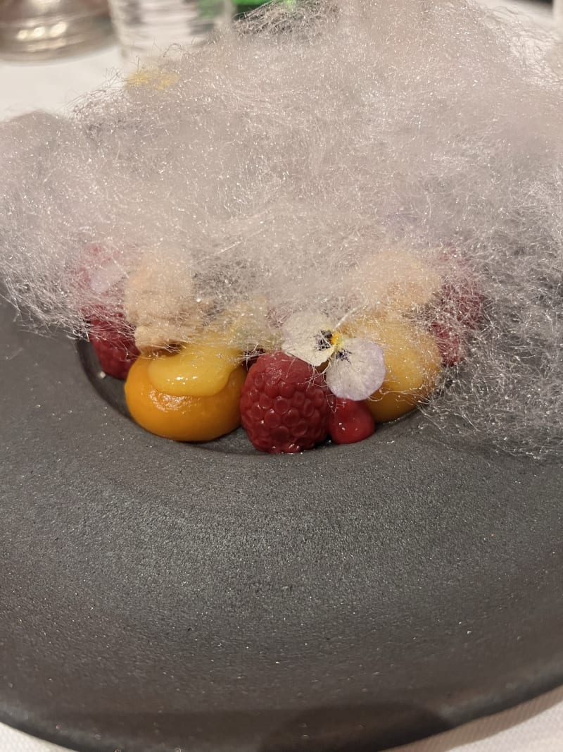 Raspberry and ginger buttons with passion fruit sauce in a sugar cloud - Cuculia Ristorante, Florence