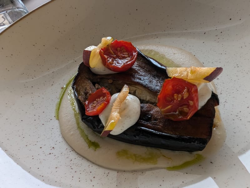 Baked aubergine, cannellini beans cream, confit tomatoes and caper mayo  - Polisena L'altro Agriturismo Veg