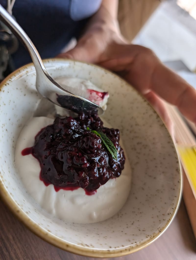 Sponge cake, yoghurt whipped cream, blackberries form Albenza - Polisena L'altro Agriturismo Veg