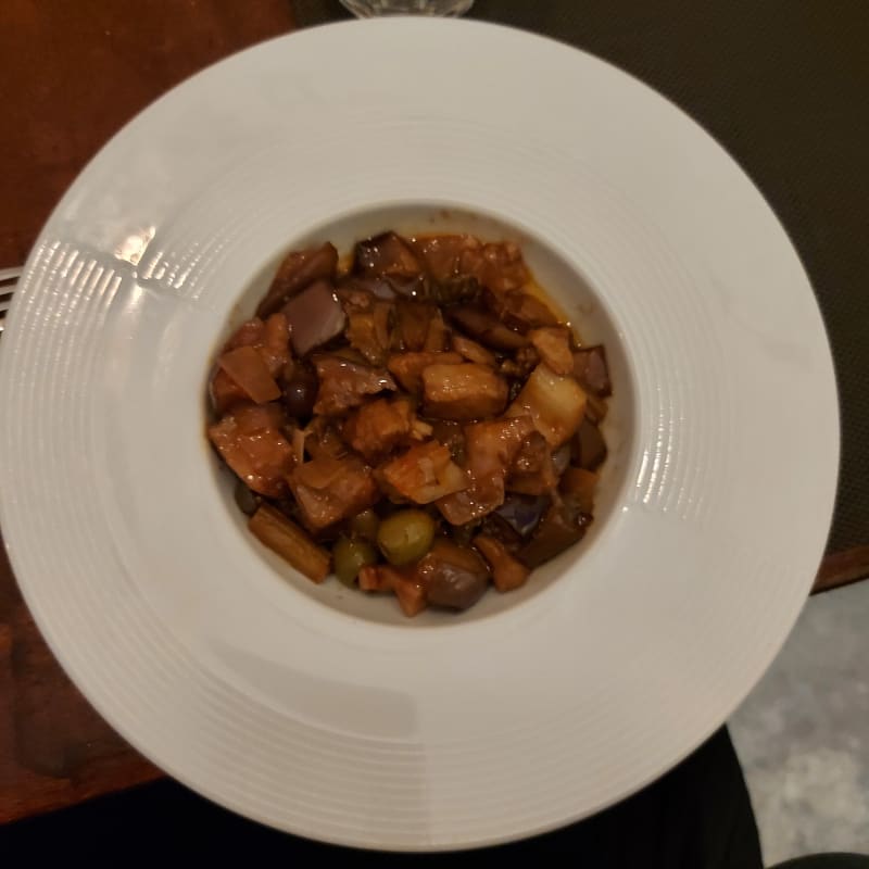 Caponata siciliana in agrodolce (pomodoro, capperi, sedano, cipolla, olive verdi e nere, melanzane fritte )   - Dal Picciotto, Perugia