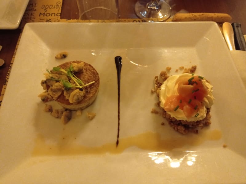 Antipasto, flan broccoli e vongole e cheesecake con salmone  - Osteria al Cantun, Venaria Reale