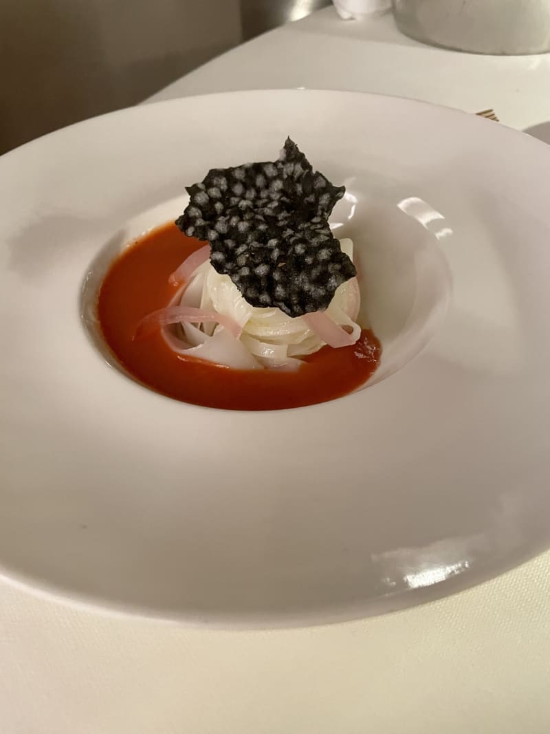 Black cuttlefish with beef heart tomato gazpacho - Dama - Castello di San Gaudenzio