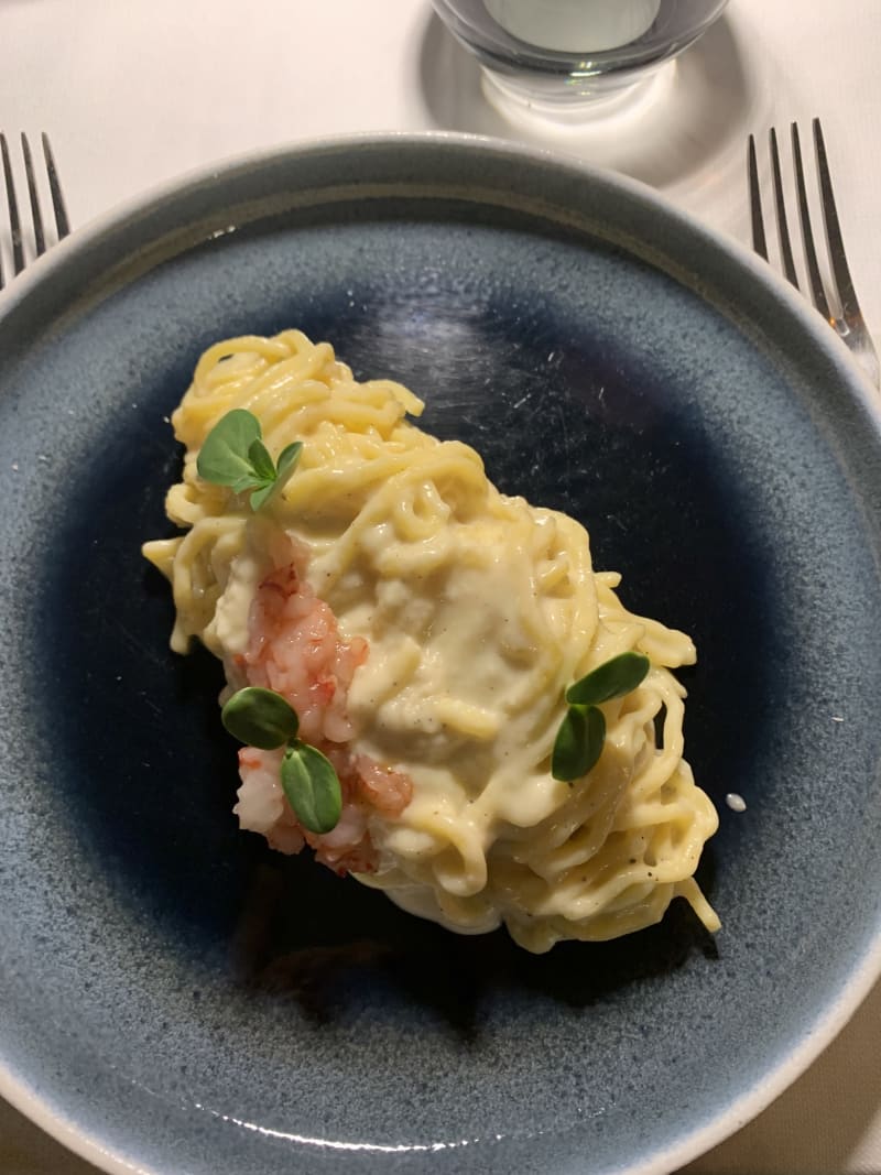 Tonnarelli crema cacio e pepe, gambero rosso - Bacco Al Pretorio, Rome