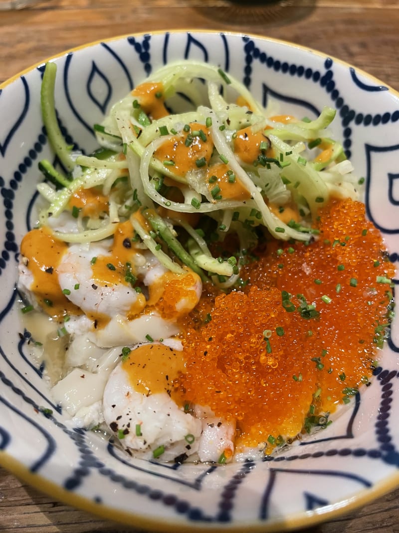 Natillas saladas de Gamba blanca de Denia, espaguetis de Calabacin , huevas de Pez Volador y crema de Gamba al Ajillo - Open, Alicante