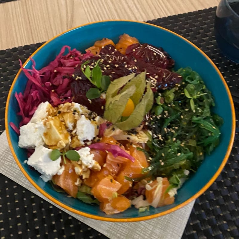 2xsalmon, octopus, black rice & salad, feta, purple cabbage, gomawakame, beetroot, toasted sesame, poke sauce - Exmahalo Torino, Turin