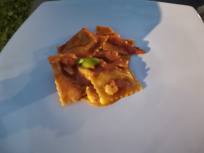 Tortelli di zucca mantovana ai gamberi rossi di Mazara - Ristorante Il Grande Olmo