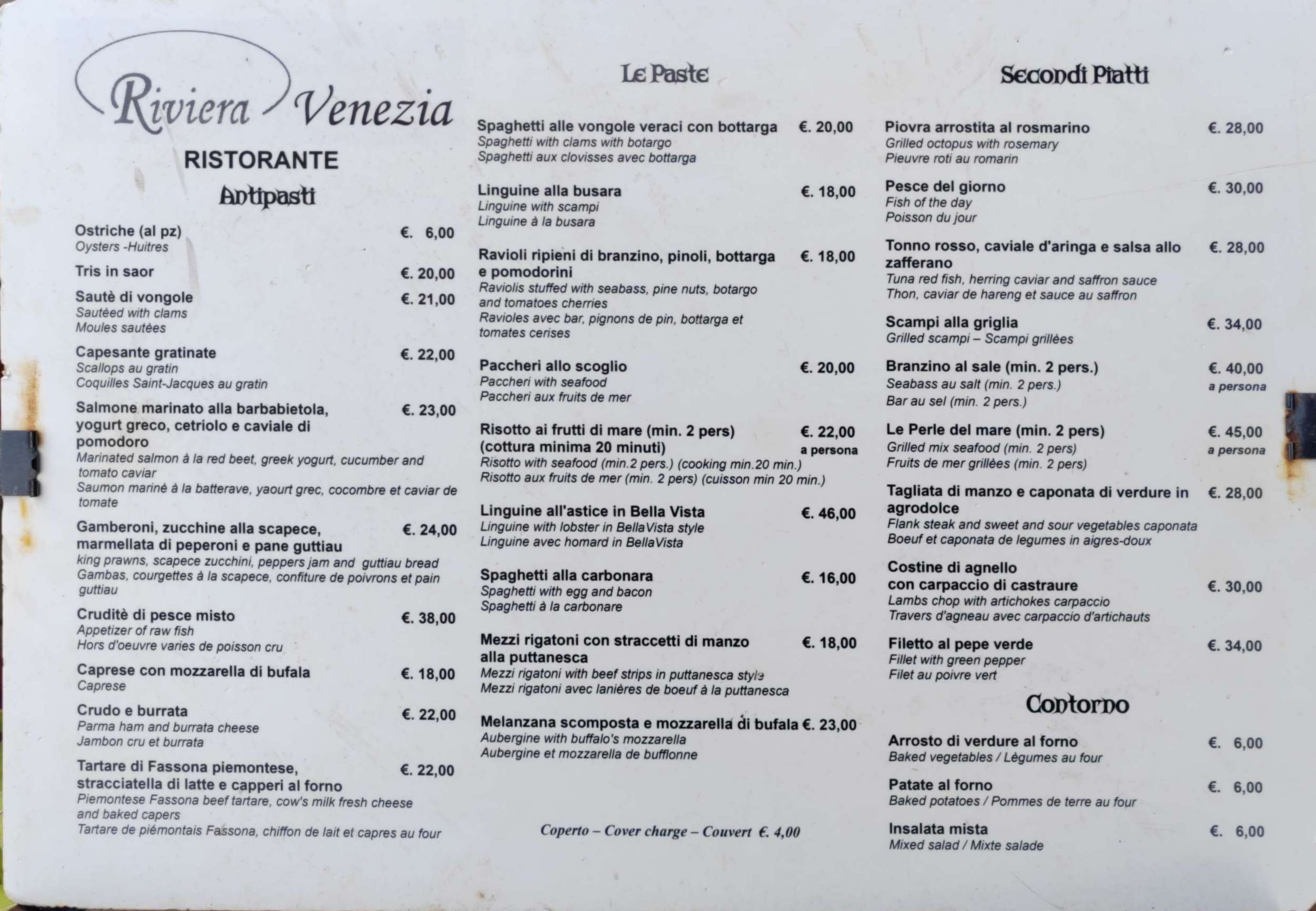 Menù completo e carta 2024 - Ristorante Riviera a Venezia