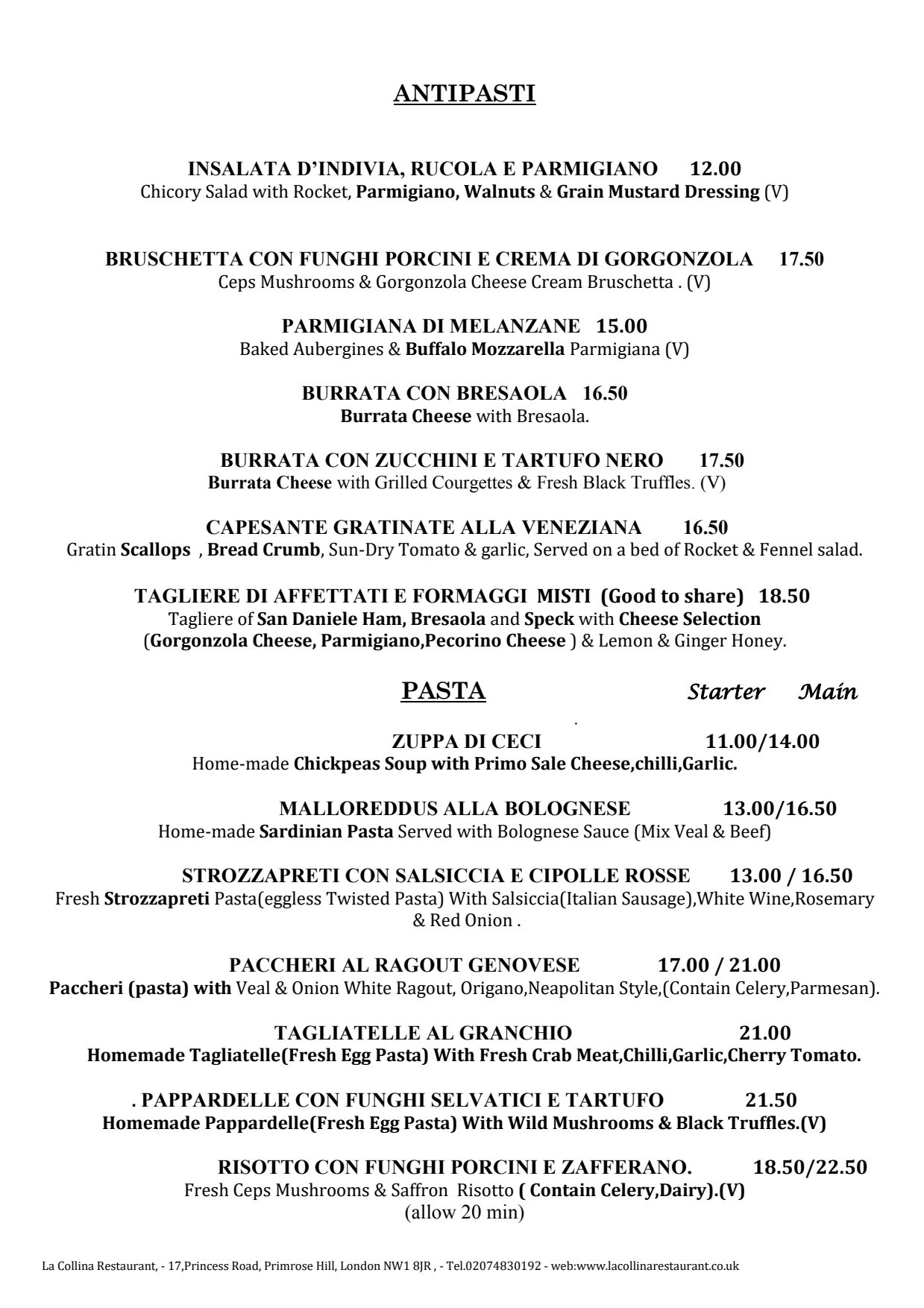 Menu 2023 - La Collina in London