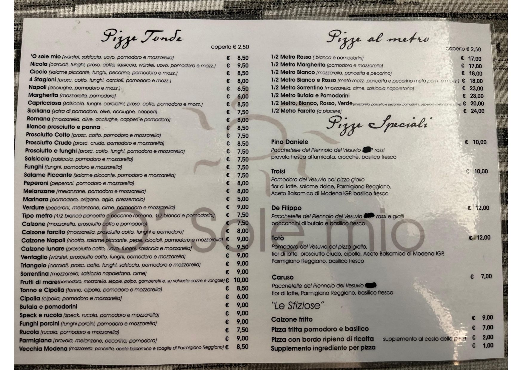 O sole mio menu deals