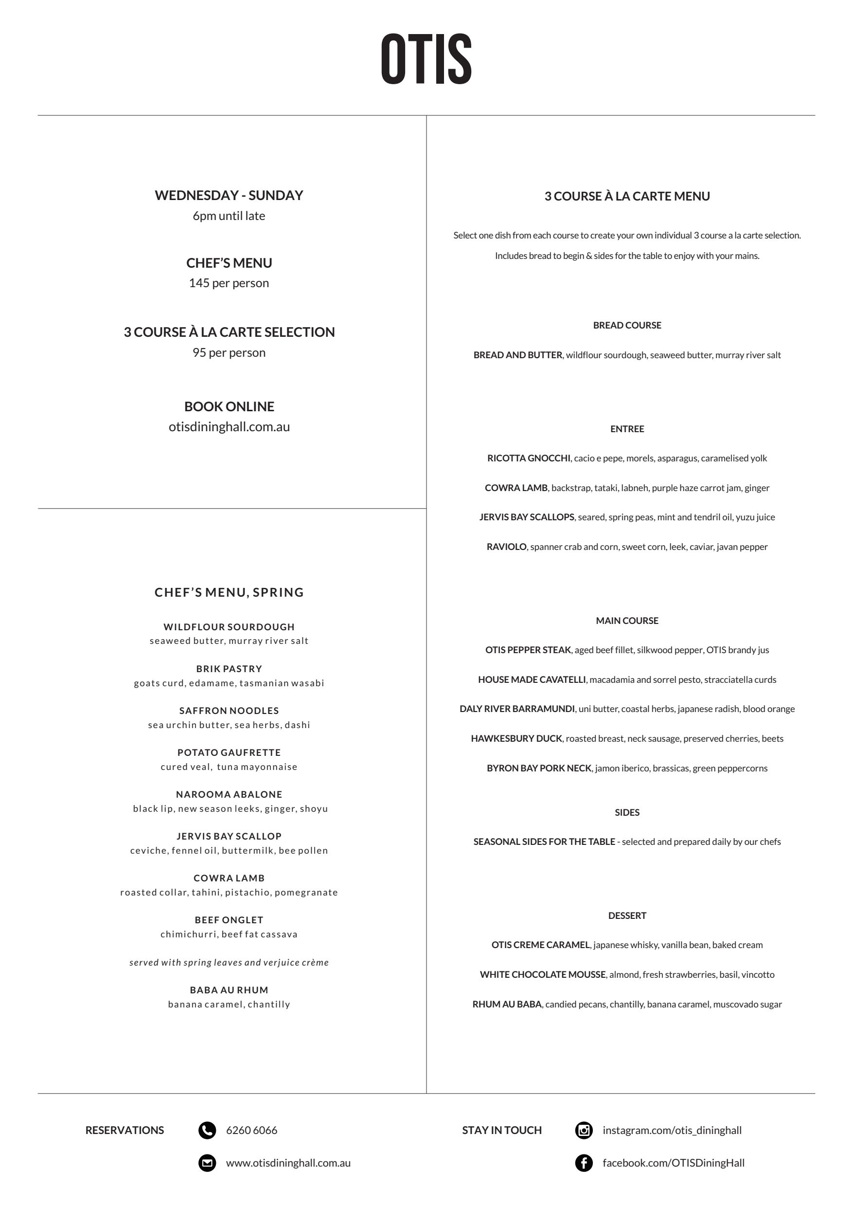 A La Carte Menu