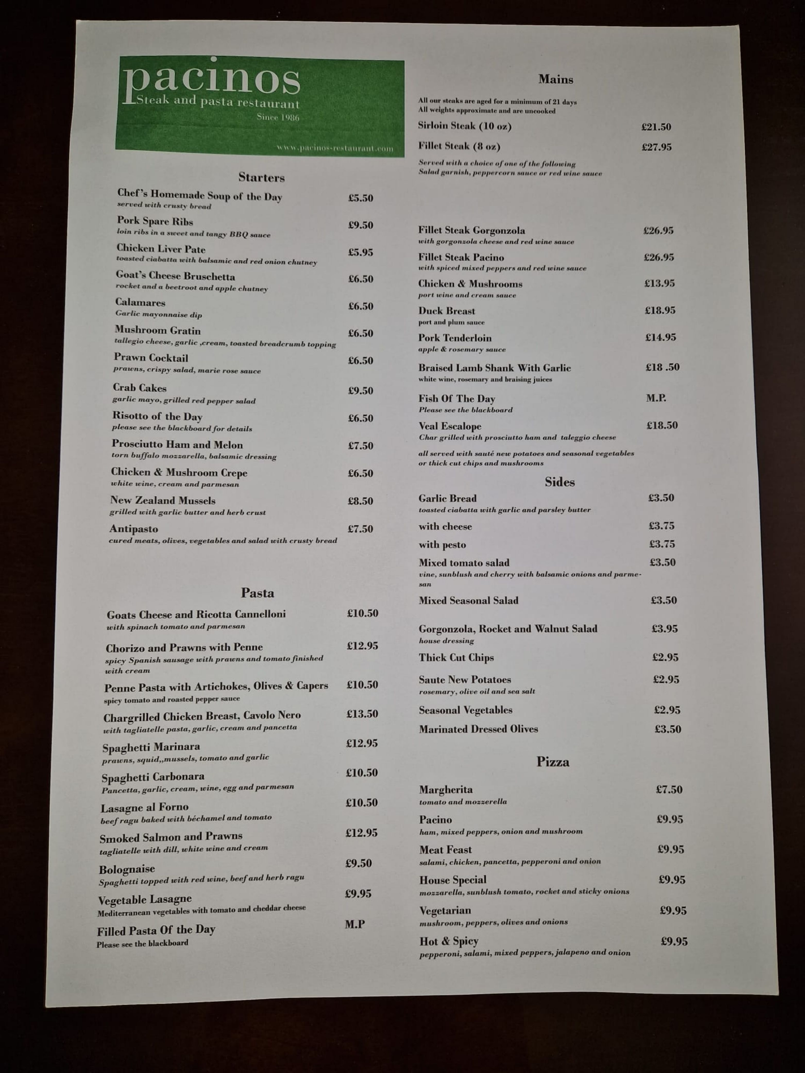 Menus 2024 Pacino s in Chester TheFork
